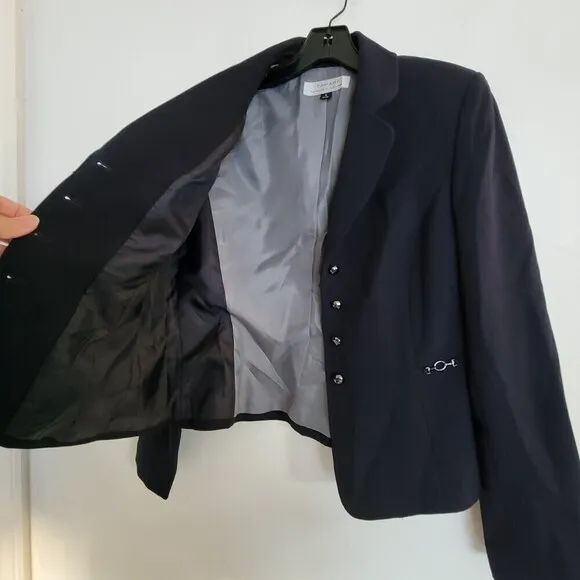 Tahari Navy Blue Button Front Long Sleeve Career Blazer Jacket Size 4