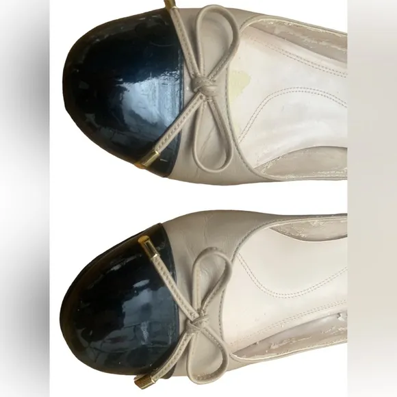 Tahari shoes ballet style womens low block heel black cream bow size 9 maisy