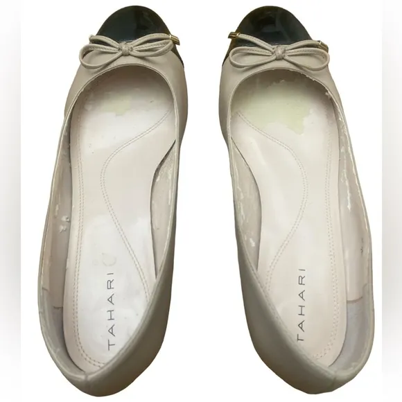 Tahari shoes ballet style womens low block heel black cream bow size 9 maisy