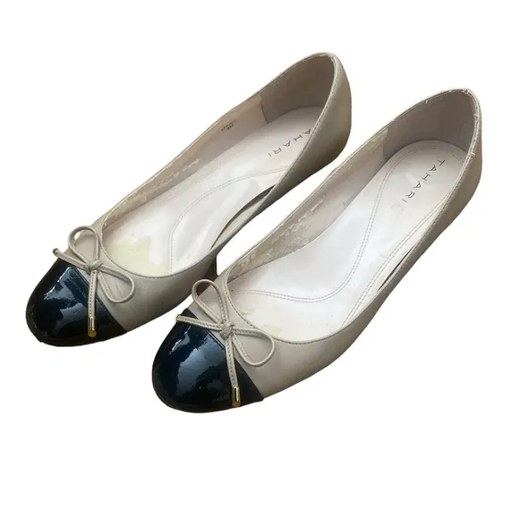 Tahari shoes ballet style womens low block heel black cream bow size 9 maisy