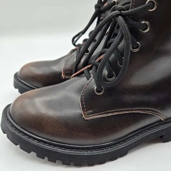 Taizile TZL208 Brown Leather Spiked Skull Detail Lace Up Combat Boots Size 8.5