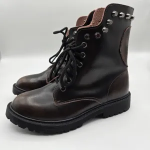 Taizile TZL208 Brown Leather Spiked Skull Detail Lace Up Combat Boots Size 8.5