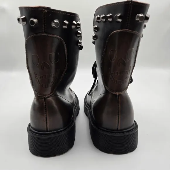 Taizile TZL208 Brown Leather Spiked Skull Detail Lace Up Combat Boots Size 8.5