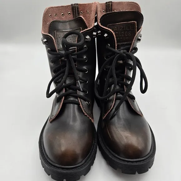 Taizile TZL208 Brown Leather Spiked Skull Detail Lace Up Combat Boots Size 8.5
