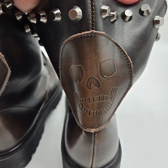 Taizile TZL208 Brown Leather Spiked Skull Detail Lace Up Combat Boots Size 8.5