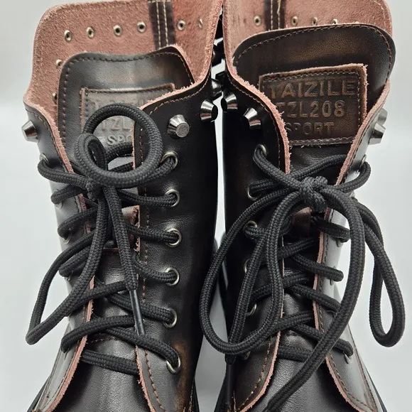 Taizile TZL208 Brown Leather Spiked Skull Detail Lace Up Combat Boots Size 8.5