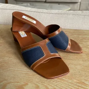 Talbots Mule Wedges Square Toe with Kitten Heel Brown and Denim