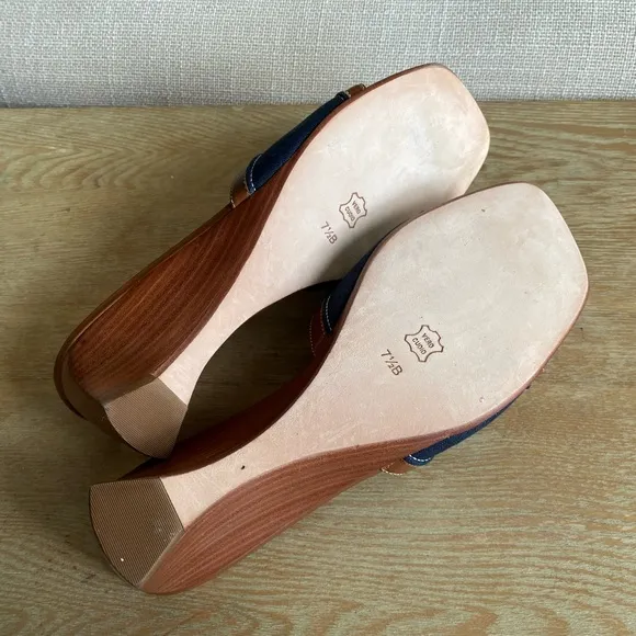 Talbots Mule Wedges Square Toe with Kitten Heel Brown and Denim