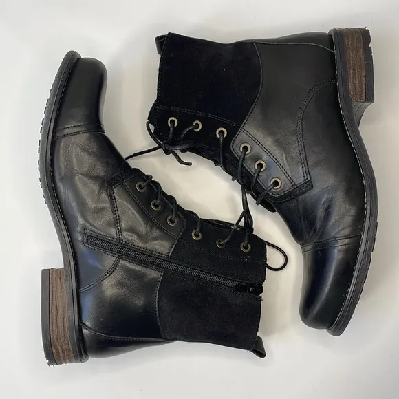Tara M Leena Size‎ 42 Black Leather and Suede Side zip lace up Ankle Boots