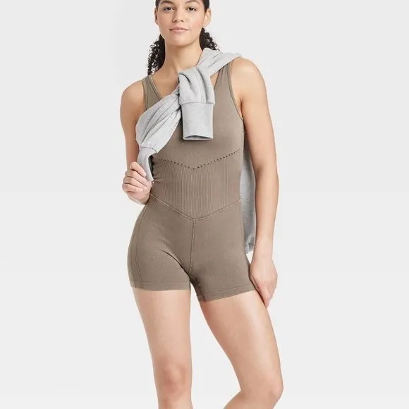 Taupe Seamless Short Active athletic workout Bodysuit, jumpsuit, onesie, romper