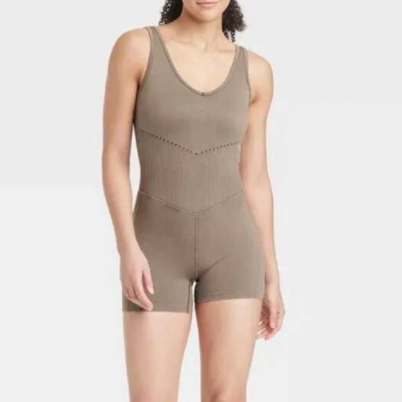 Taupe Seamless Short Active athletic workout Bodysuit, jumpsuit, onesie, romper