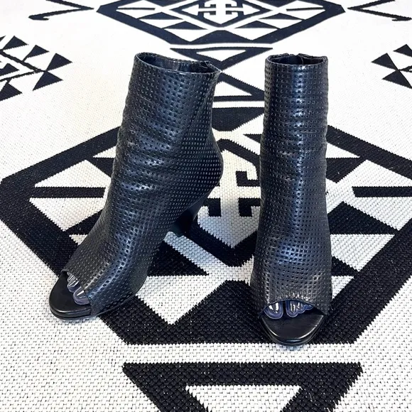The Last Conspiracy Black Perforated Leather Wedge Open Toe Ankle Boots US 7