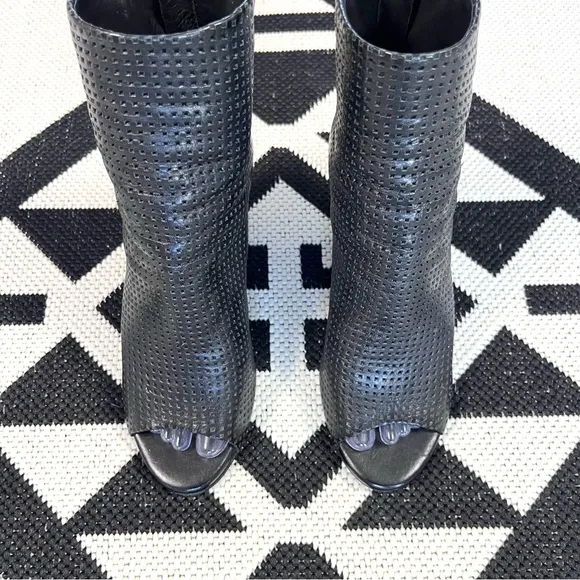 The Last Conspiracy Black Perforated Leather Wedge Open Toe Ankle Boots US 7