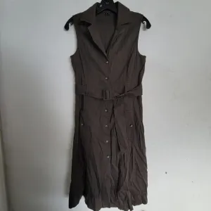 Theory Brown Button Front Sleeveless Linen Belted Pleated Back Midi Dress Size 8
