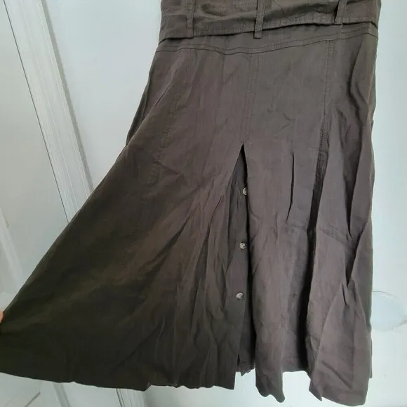 Theory Brown Button Front Sleeveless Linen Belted Pleated Back Midi Dress Size 8