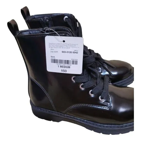 Thereabouts Memory Foam Black Shiny Combat Boots SZ 1M
