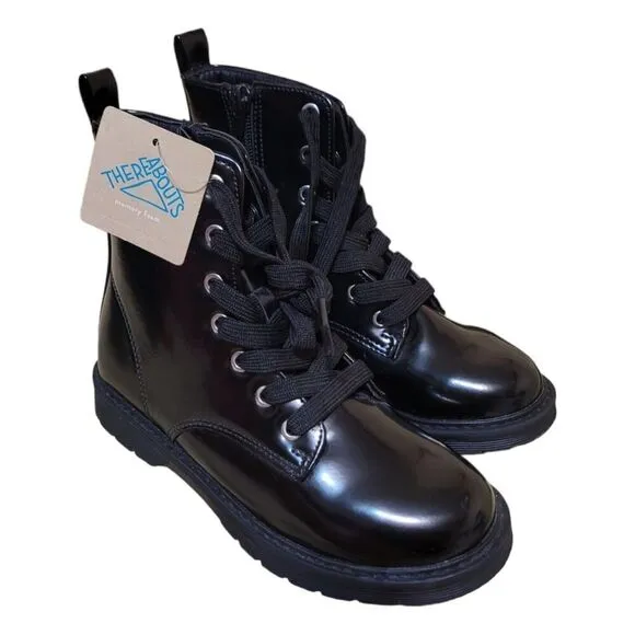 Thereabouts Memory Foam Black Shiny Combat Boots SZ 1M