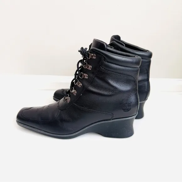 Timberland Black Genuine Leather Square Toe Lace Up Boots Wedges size 10