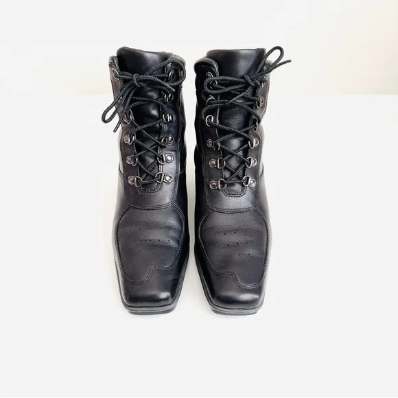 Timberland Black Genuine Leather Square Toe Lace Up Boots Wedges size 10