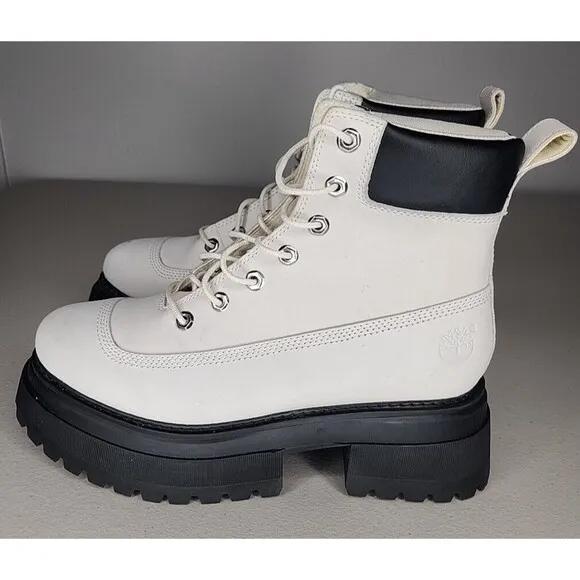 Timberland SKY 6 Inch Lace Up Platform Boots White Nubuck Size 9.5 Leather