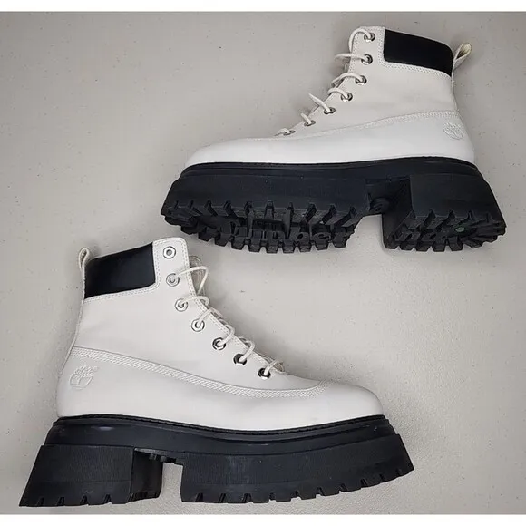 Timberland SKY 6 Inch Lace Up Platform Boots White Nubuck Size 9.5 Leather