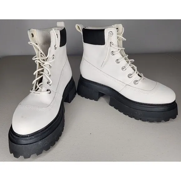 Timberland SKY 6 Inch Lace Up Platform Boots White Nubuck Size 9.5 Leather