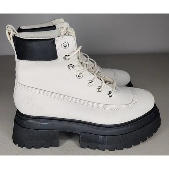 Timberland SKY 6 Inch Lace Up Platform Boots White Nubuck Size 9.5 Leather