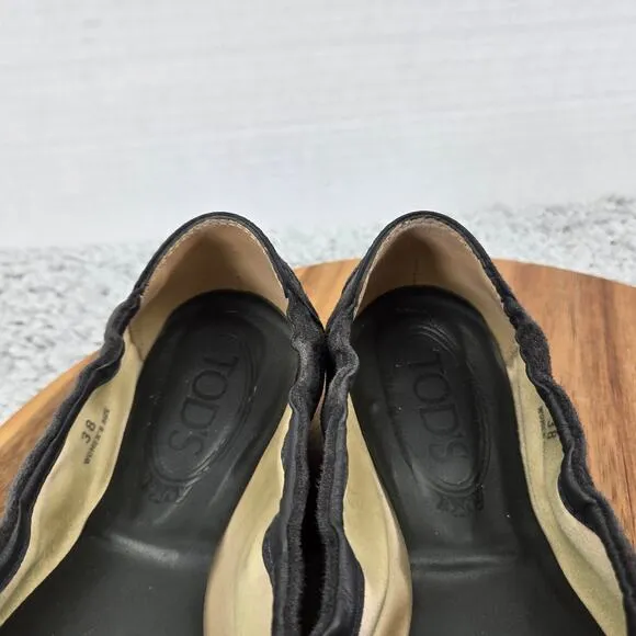 Tod's Black Suede Tie Tassel Casual Lifestyle Ballet Driving Flats Womens 38