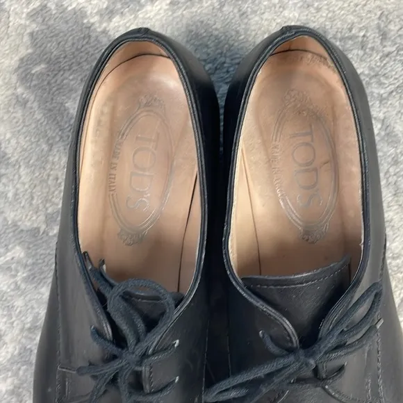 Tods Leather Lace Up Derby Oxford Shoes Black Platform Preppy Sz 39