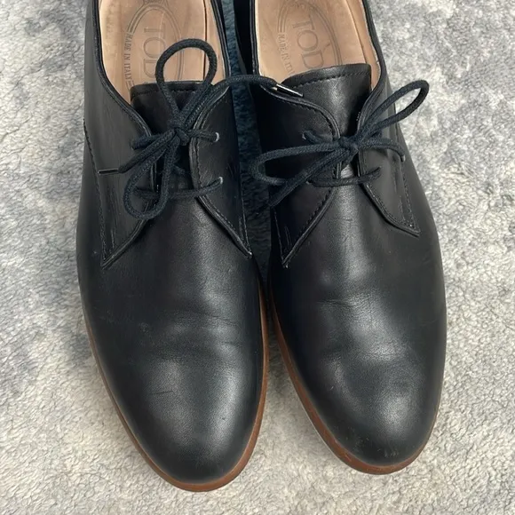 Tods Leather Lace Up Derby Oxford Shoes Black Platform Preppy Sz 39
