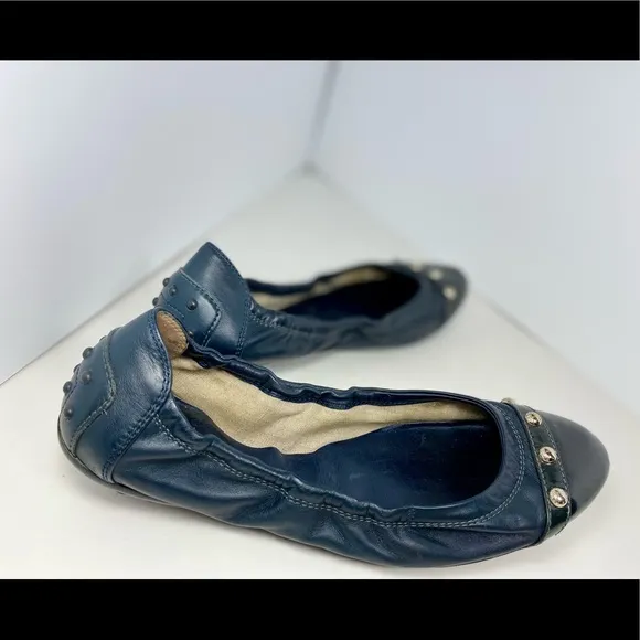 Tod’s Navy Blue Calf Patent Leather Tip Ballerina Driving Flat Size 38 Euro 🇮🇹