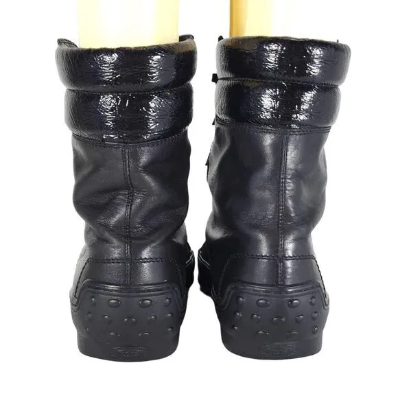 Tod's Women's US8,5-9 Black Leather Lace-up Cap Toe Vibram Sole Combat Boots