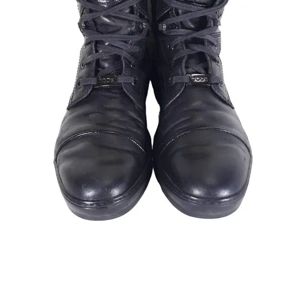 Tod's Women's US8,5-9 Black Leather Lace-up Cap Toe Vibram Sole Combat Boots
