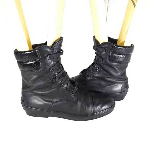 Tod's Women's US8,5-9 Black Leather Lace-up Cap Toe Vibram Sole Combat Boots