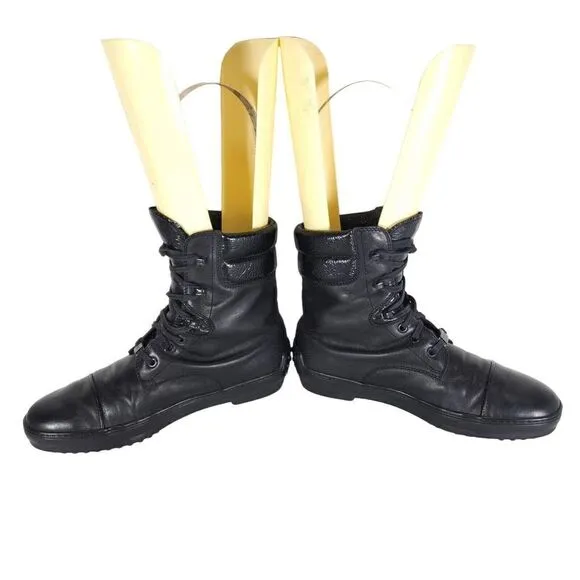 Tod's Women's US8,5-9 Black Leather Lace-up Cap Toe Vibram Sole Combat Boots