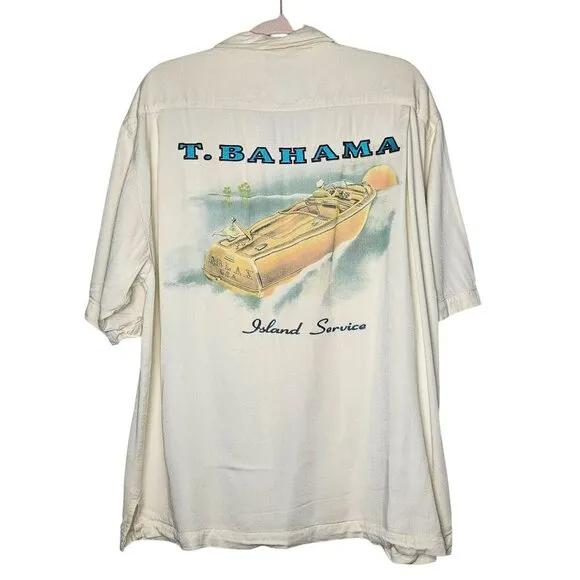 Tommy Bahama Mens L Off-White Short Sleeve‎ Shirt Pocket Island Service Boat