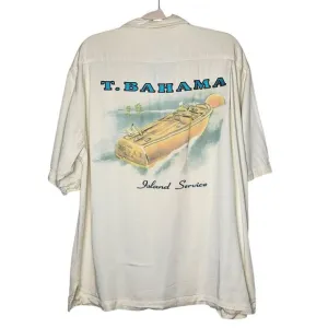 Tommy Bahama Mens L Off-White Short Sleeve‎ Shirt Pocket Island Service Boat