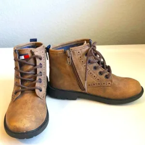 TOMMY HILFIGER Axel Combat Boots Tan Vegan Leather Lace-up &amp; Zip Little Boy 13
