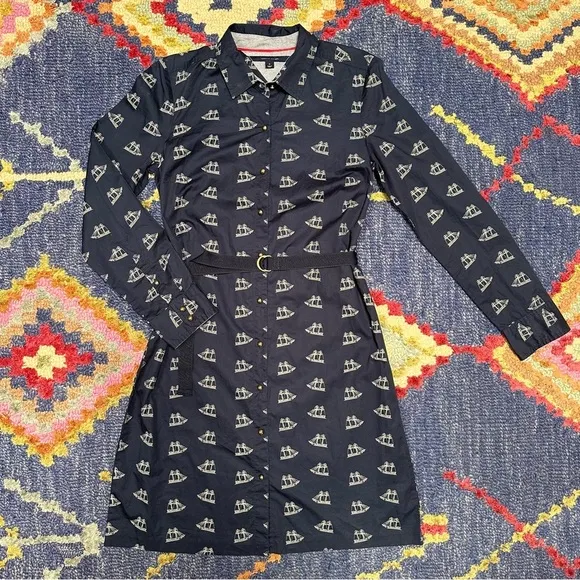 Tommy Hilfiger Blue White Cotton Nautical Sail Boat Belt Shirt Dress Size M