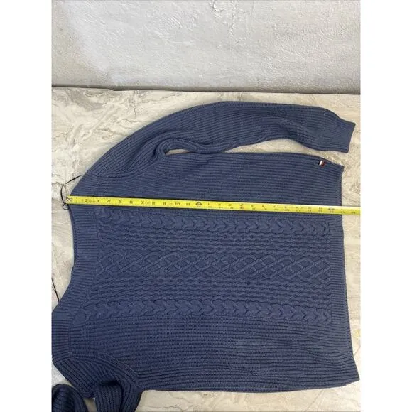 Tommy Hilfiger Navy Blue Cableknit Pullover Boat Neck Sweater Preppy Classic L