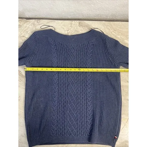 Tommy Hilfiger Navy Blue Cableknit Pullover Boat Neck Sweater Preppy Classic L