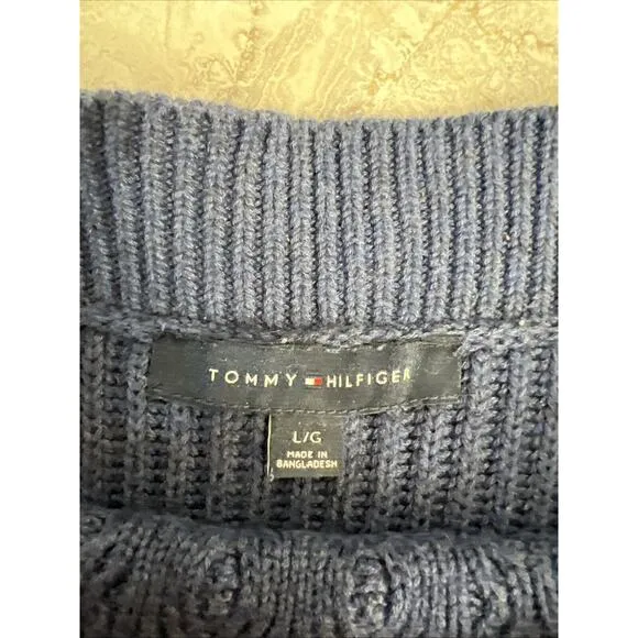 Tommy Hilfiger Navy Blue Cableknit Pullover Boat Neck Sweater Preppy Classic L