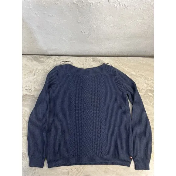 Tommy Hilfiger Navy Blue Cableknit Pullover Boat Neck Sweater Preppy Classic L