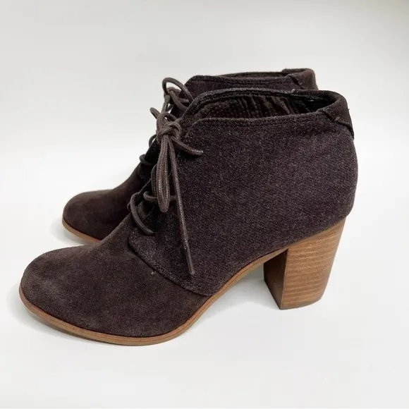 Toms Brown Suede &amp; Fabric Rounded Lace Up Boots size 8.5