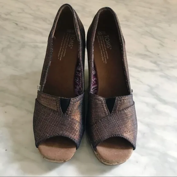 Toms Calypso Peep Toe Copper Azar Metallic Wedges Women's Size 6.5