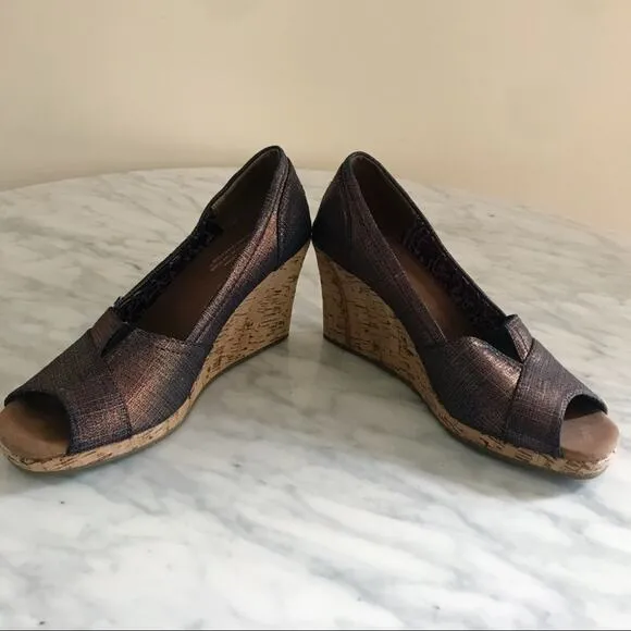 Toms Calypso Peep Toe Copper Azar Metallic Wedges Women's Size 6.5