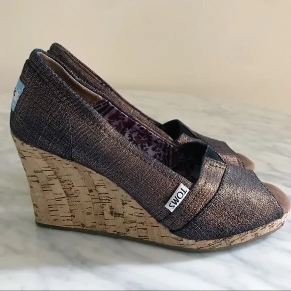 Toms Calypso Peep Toe Copper Azar Metallic Wedges Women's Size 6.5