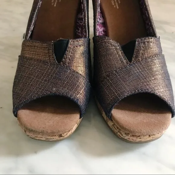 Toms Calypso Peep Toe Copper Azar Metallic Wedges Women's Size 6.5