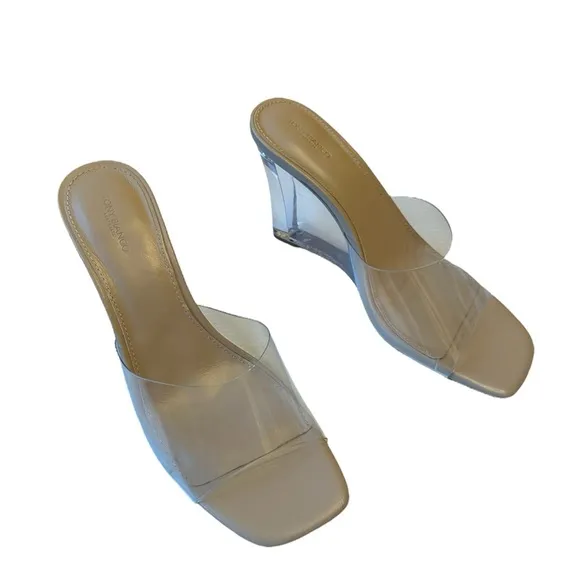 Tony Bianco Alessi Lucite Wedge Mule Sandals 10 Open Toe Clear Vinylite Skin