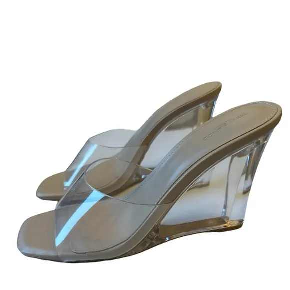 Tony Bianco Alessi Lucite Wedge Mule Sandals 10 Open Toe Clear Vinylite Skin
